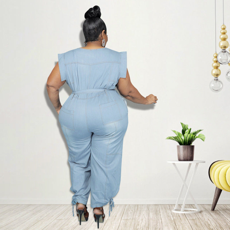 Plus Size Plus Size Women Clothing Summer Washed Denim Casual Jumpsuit