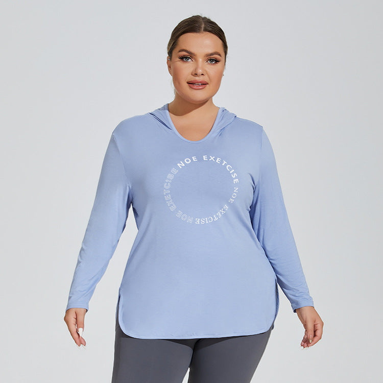 Plus Size Printed Logo Sports Long Sleeve Breathable Fitness Running Hooded Top Loose Yoga Clothes Women Overall