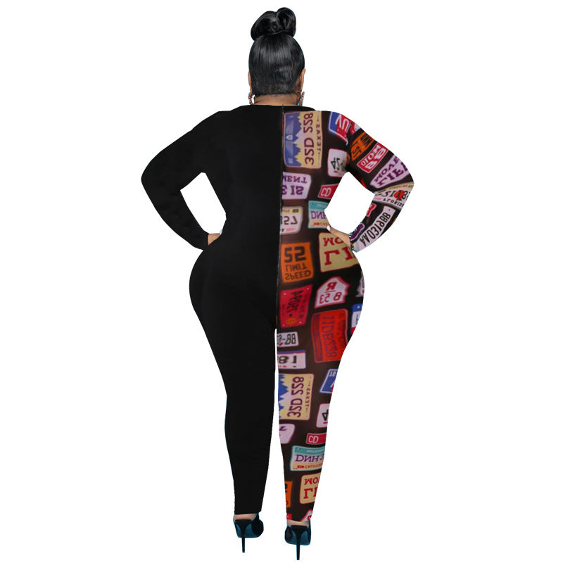 Plus Size Women Clothing Summer New Semi-Printed Jumpsuit