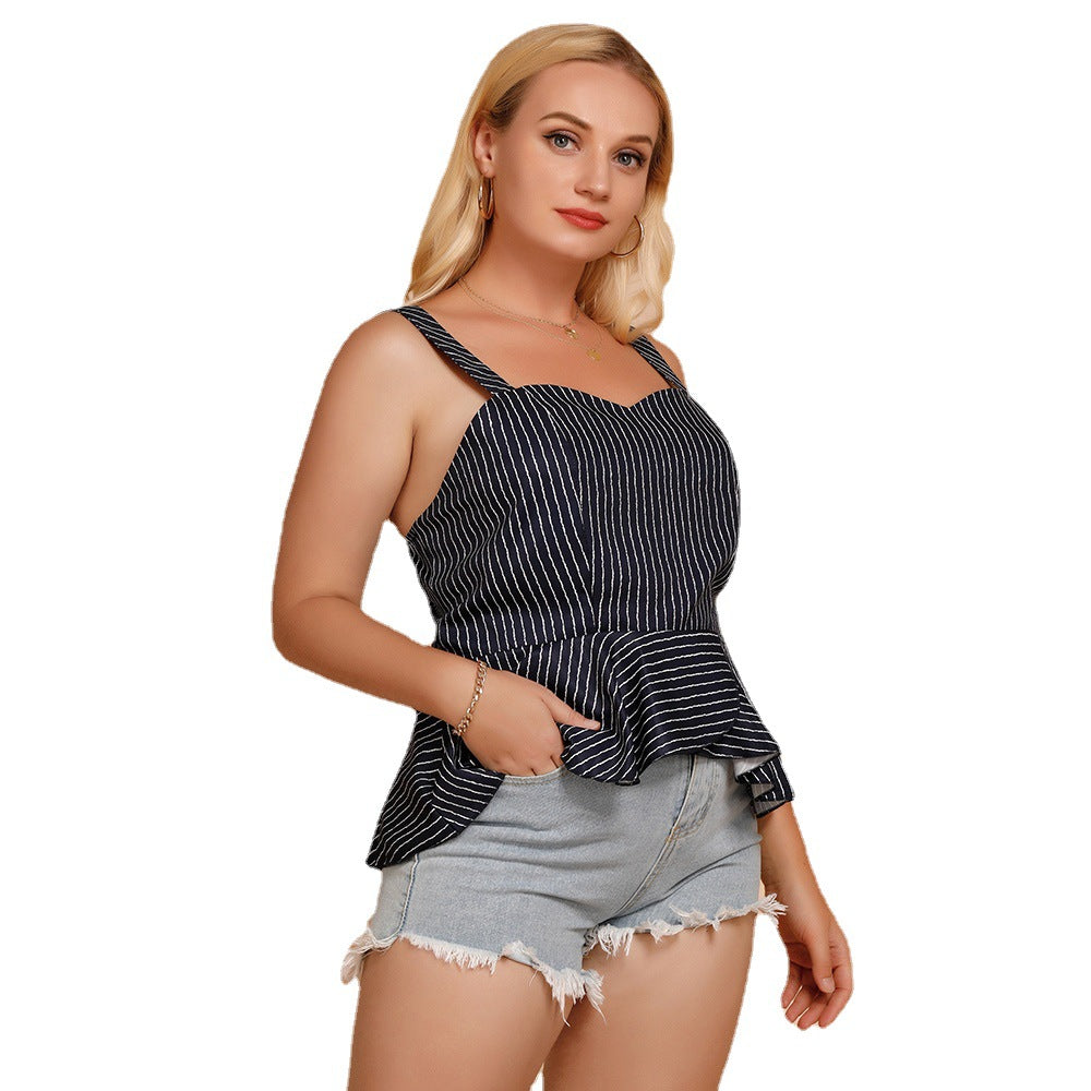 Plus Size Women Clothing Ruffled Striped Wrapped Chest Camisole