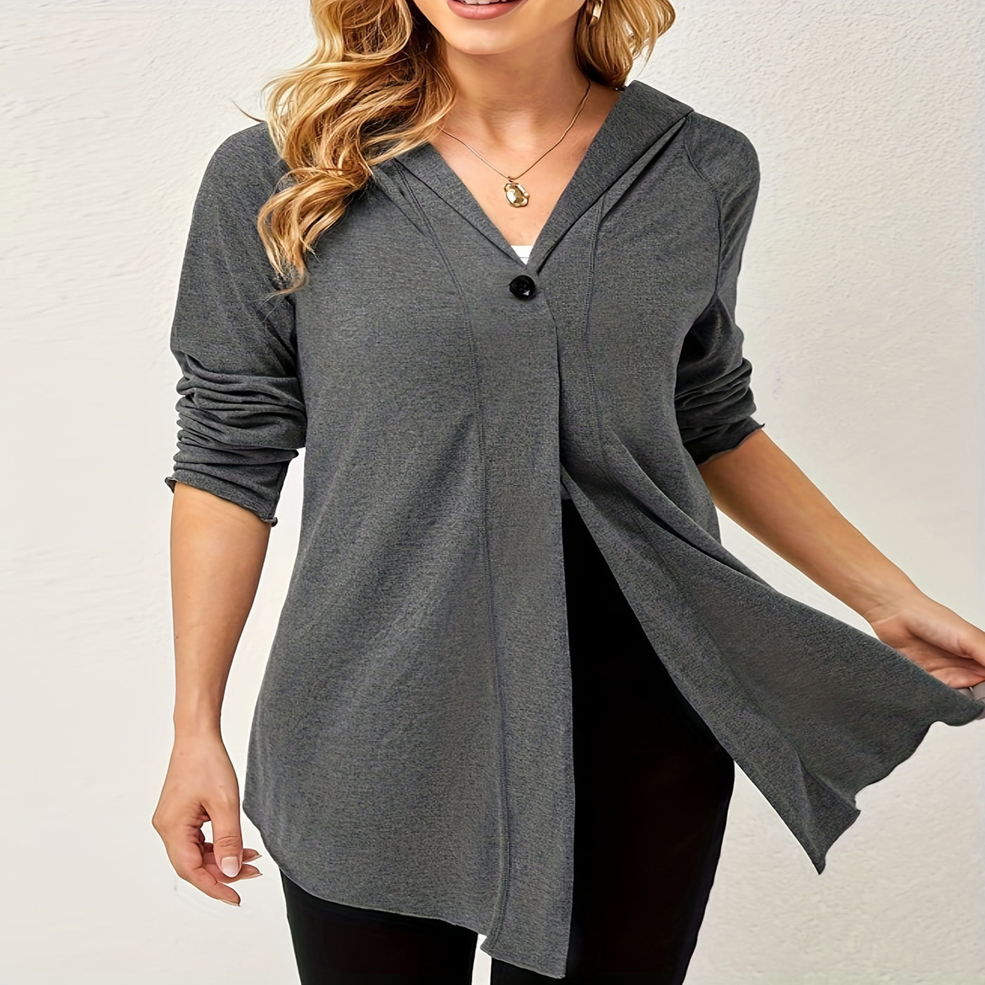 Plus Size Spring Autumn Casual Women Clothing One Button Cardigan V Neck Hooded Mid Length Top