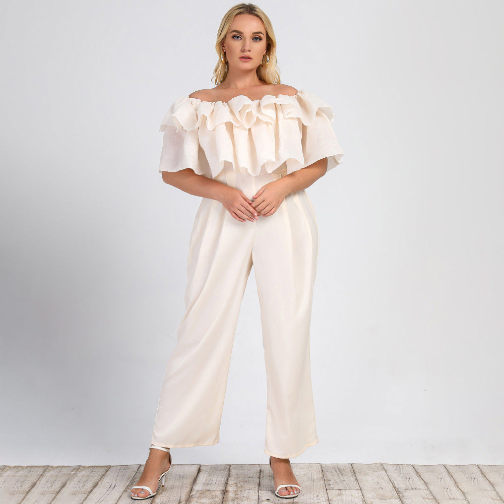 Plus Size Women  Clothing Summer New Lotus Edge off-Shoulder Solid Straight-Leg Office Casual Pants Jumpsuit