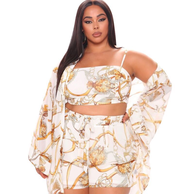 Plus Size Women Clothing Loose Summer Sexy Casual Set Three Piece Set