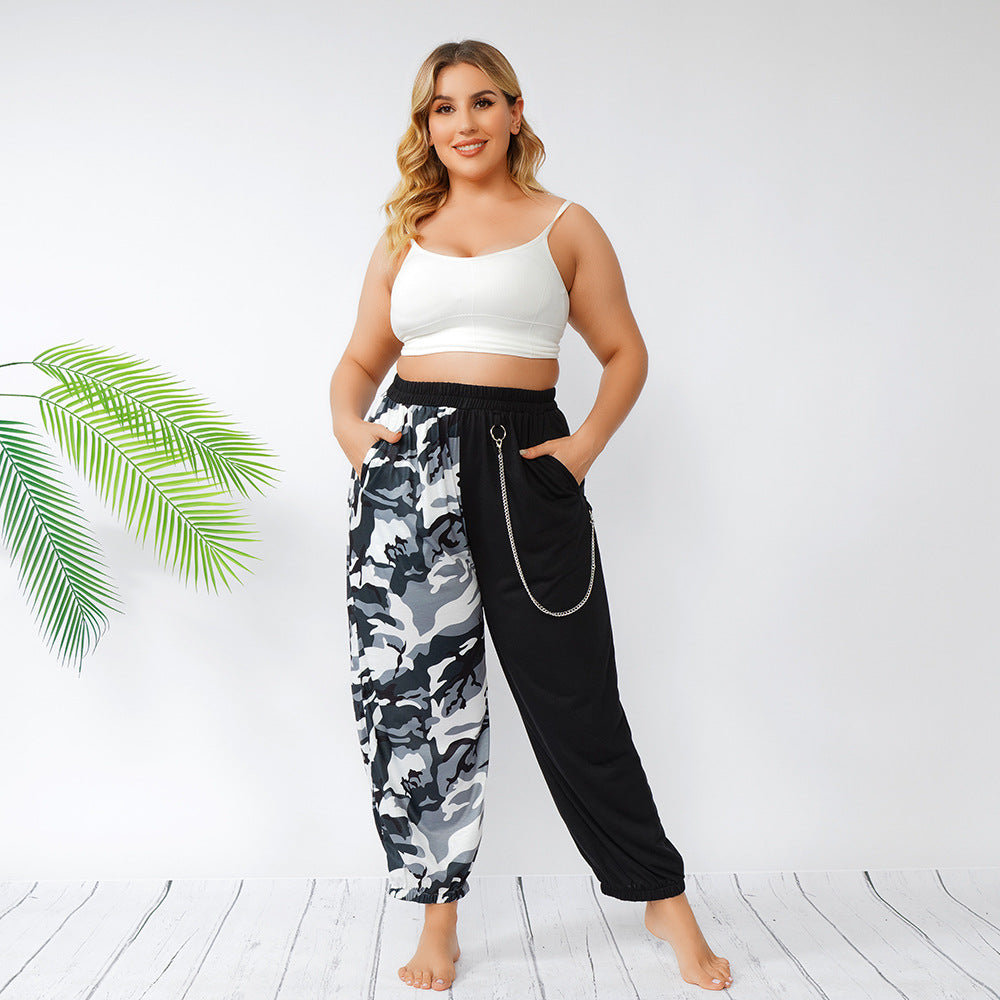 Plus Size Trendy  Ankle-Tied Harem Pants Summer Street Camouflage Stitching Chain Loose Hip Hop Casual Pants