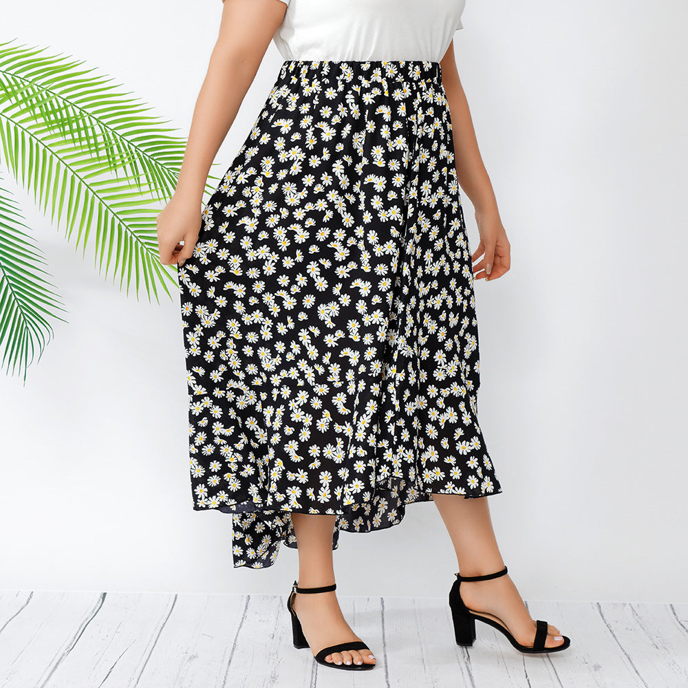 Plus Size Summer Skirt Pastoral Slimming Large Skirt Floral High Waist Skirt