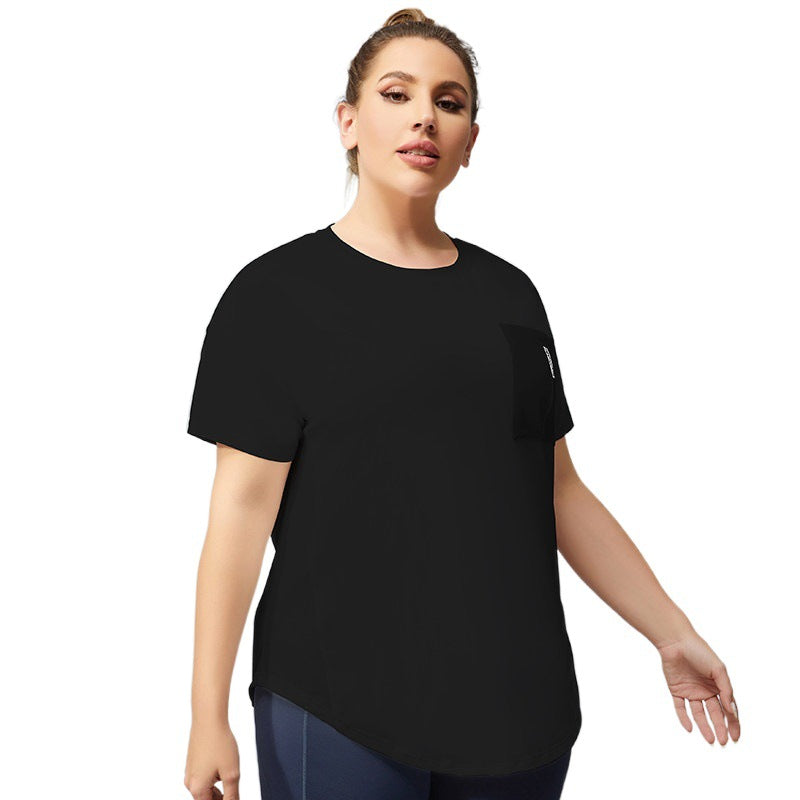 Plus Size Solid Color  Women Sports T-shirt Fitness Pocket Stitching Yoga Short Sleeve Sweat-Absorbent Yoga Clothes