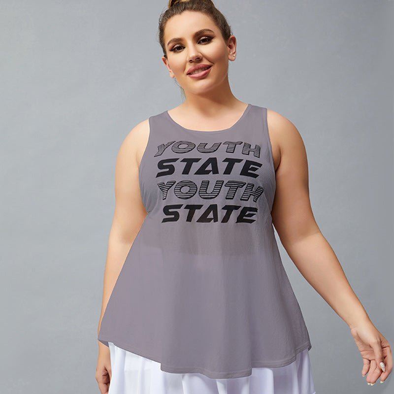 Plus Size Sports Vest Women Breathable Cotton Sleeveless T-shirt Printed Loose Tied Vest Blouse