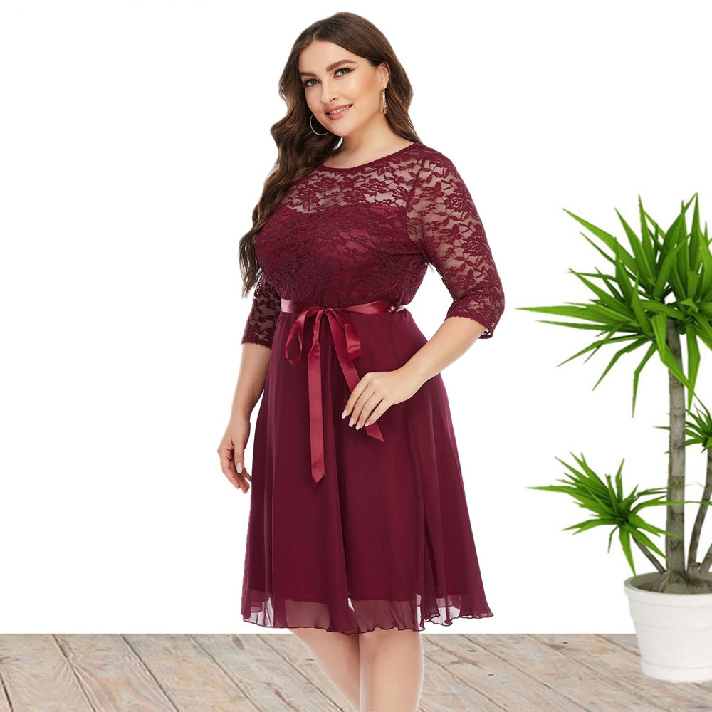 Plus Size Women Clothing Summer Lace Chiffon Stitching Dress