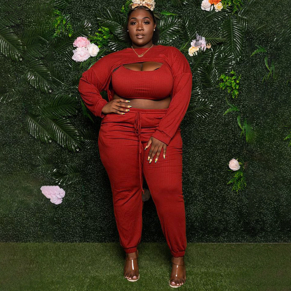 Plus Size Women Clothing Fashion Sexy Chest Opening Hollow Out Cutout Fashion Sexy Solid Color Suit Sunken Stripe Three-Piece Set
