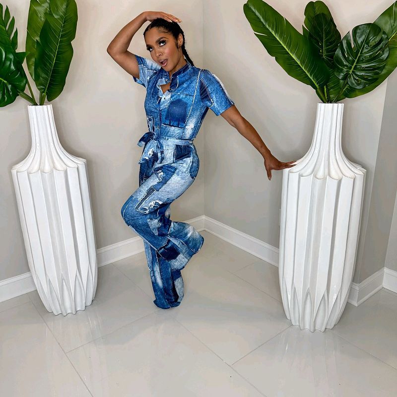 Plus Size Independent Summer Popular Slim Printed Long Sleeve Casual Jumpsuit Women