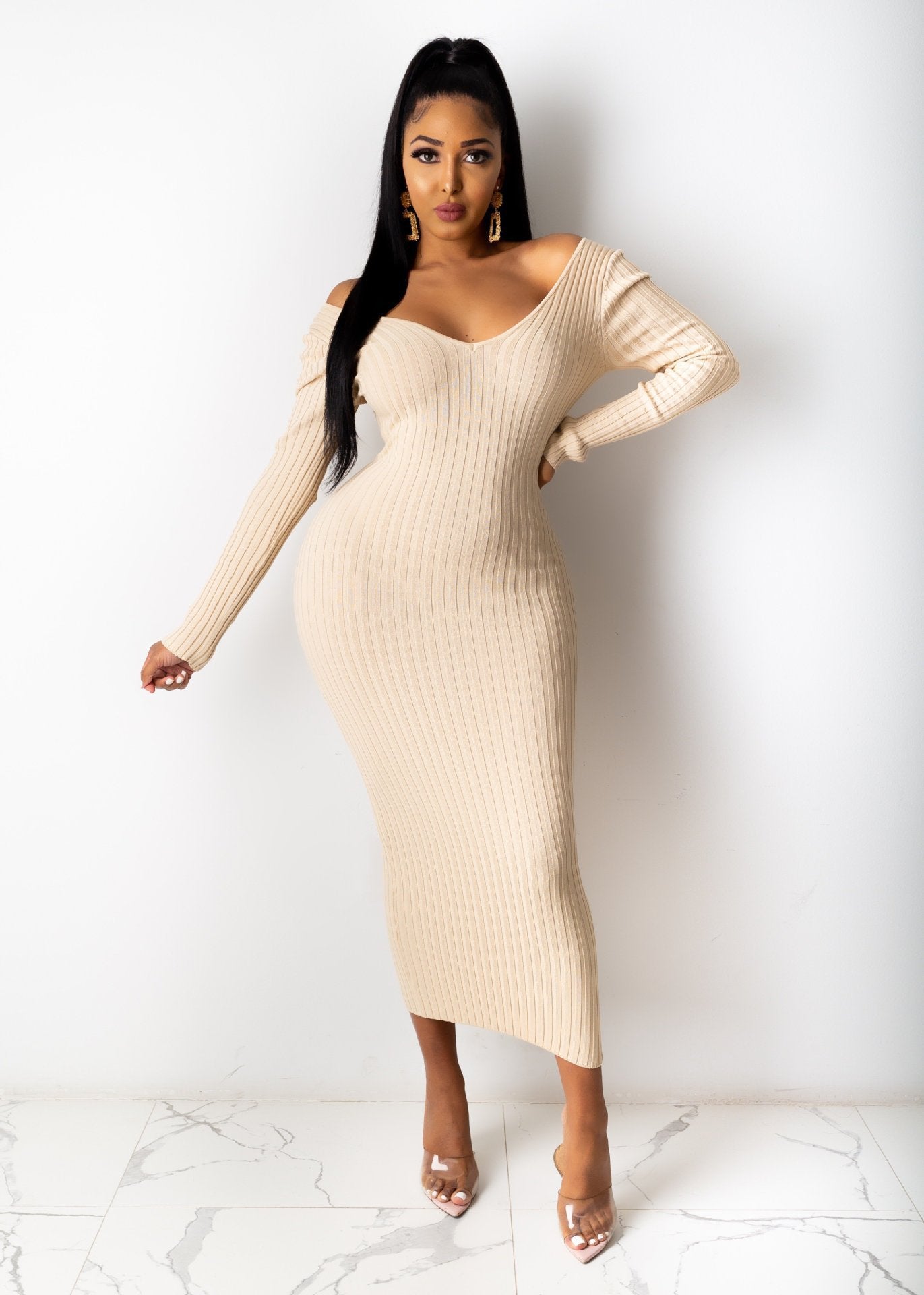 Plus Size Fall Winter V neck Off Shoulder Thread Sexy Dress