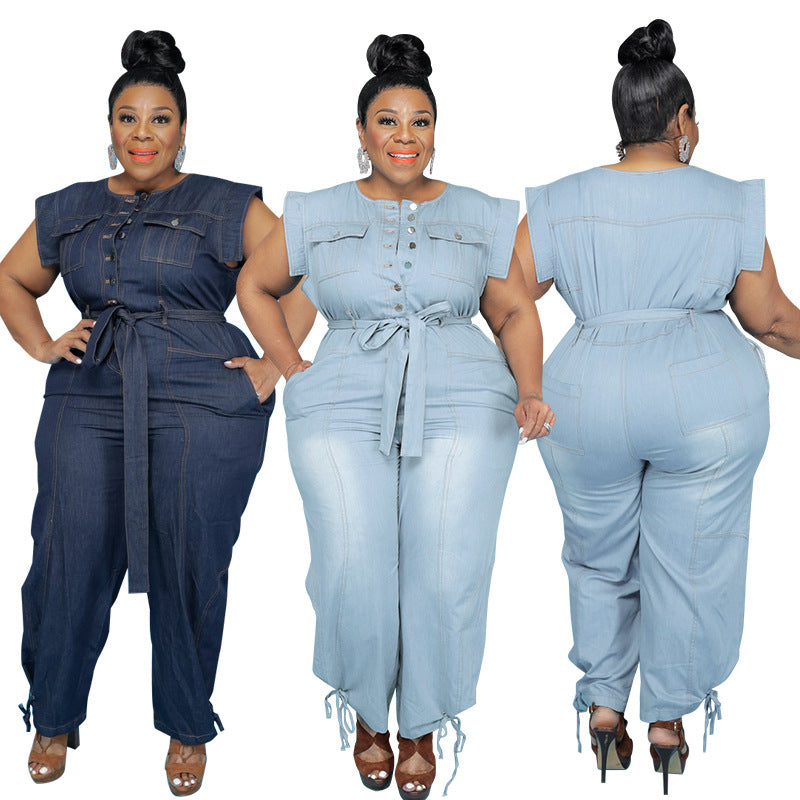 Plus Size Plus Size Women Clothing Summer Washed Denim Casual Jumpsuit