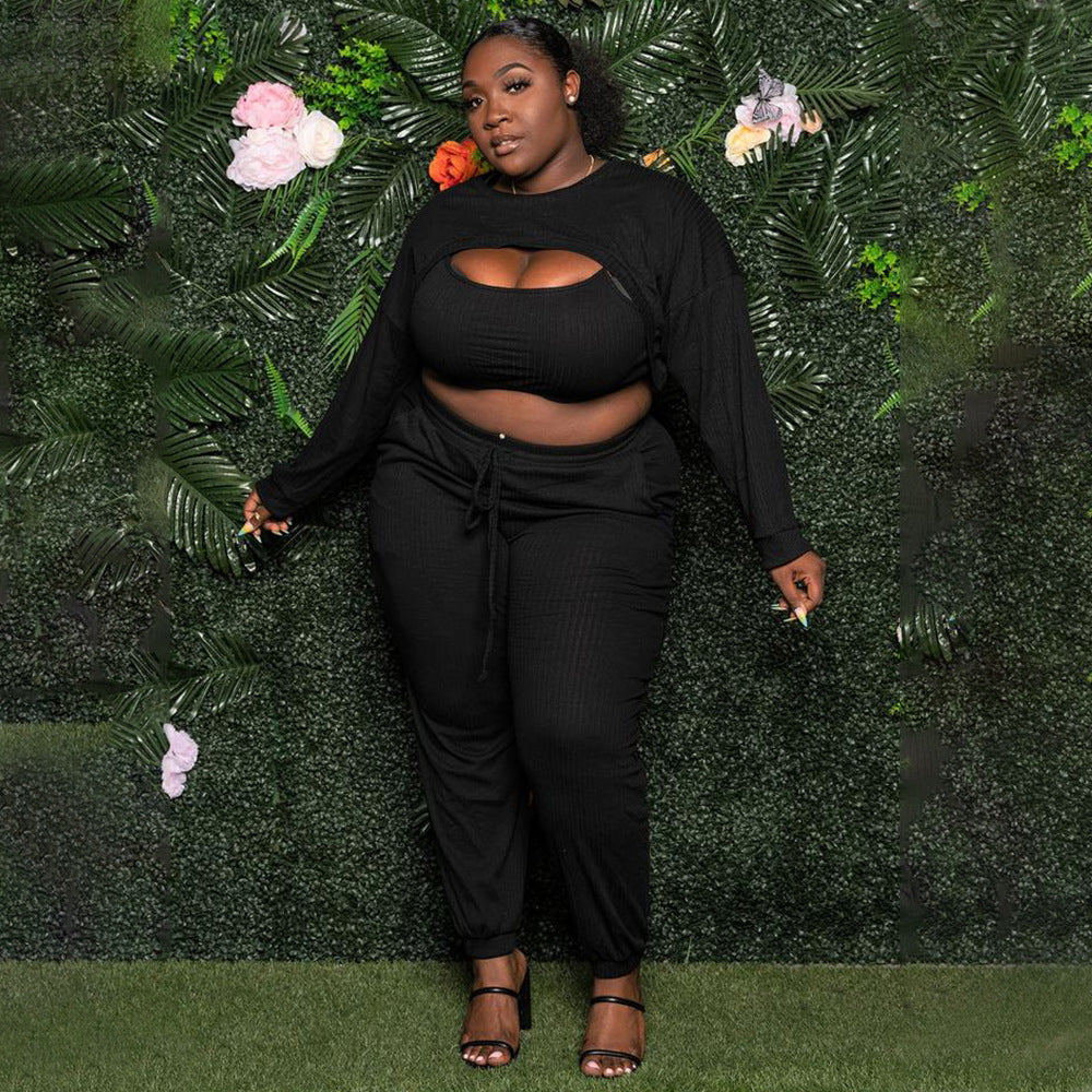 Plus Size Women Clothing Fashion Sexy Chest Opening Hollow Out Cutout Fashion Sexy Solid Color Suit Sunken Stripe Three-Piece Set