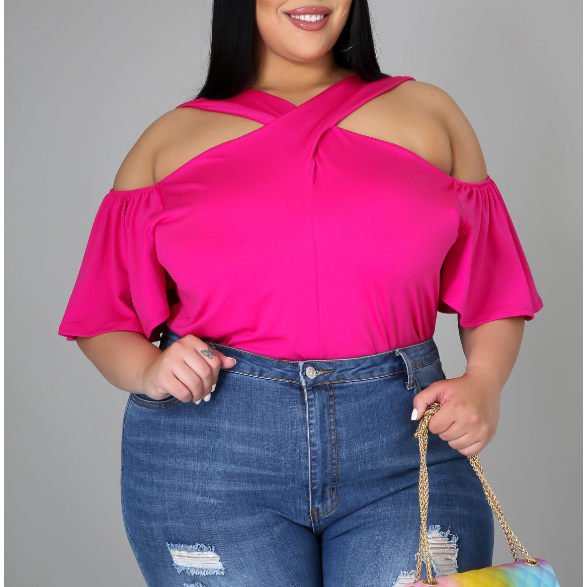 Plus Size Women Clothes Criss Cross Collar off-Shoulder Solid Color Casual Loose Short Sleeve T-shirt