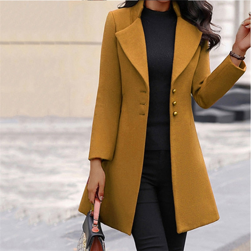 2022 Autumn Winter New Woolen Coat Women Yellow Black Stand Collar Rswank