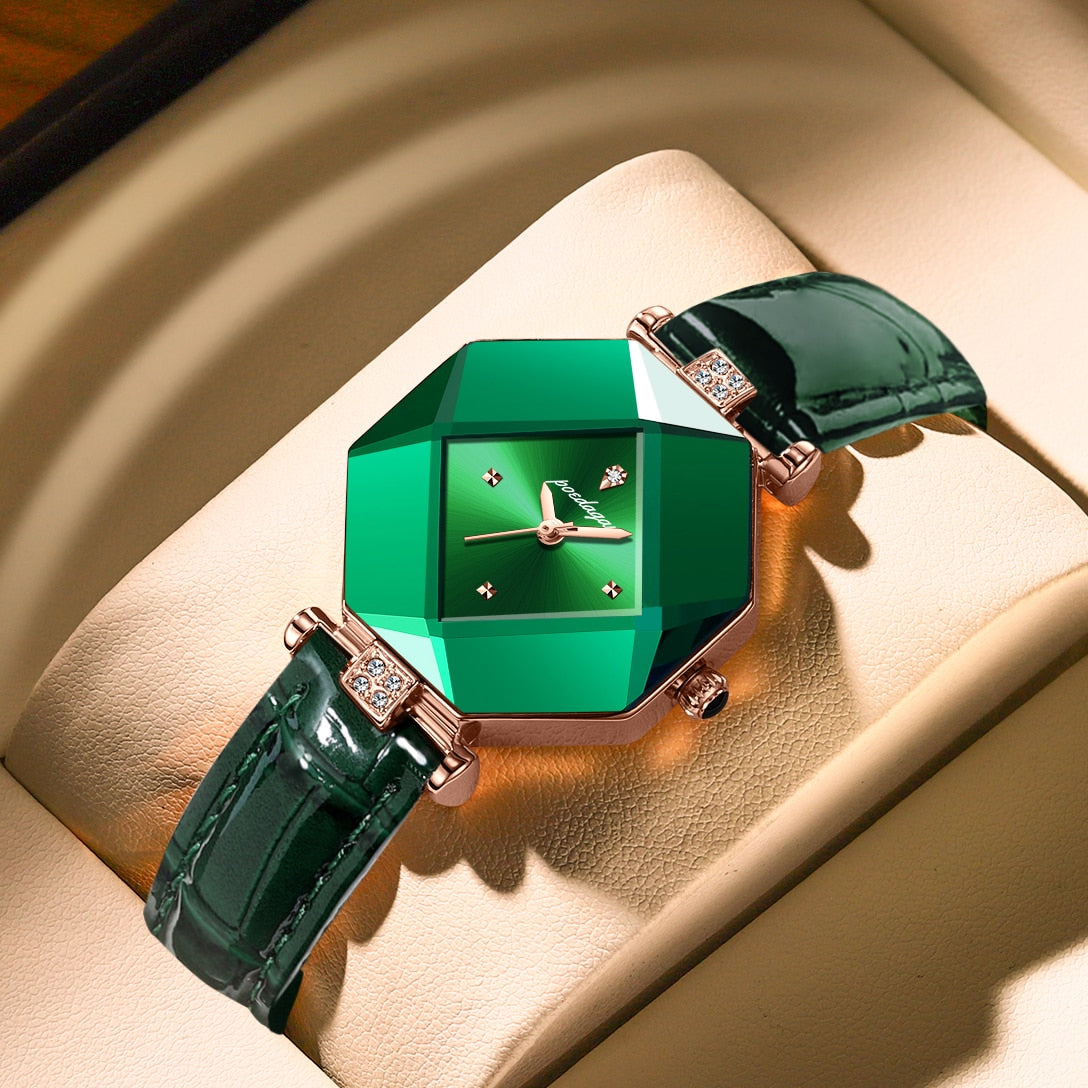 POEDAGAR High Quality Luxury Women's Watch Diamond Quartz Waterproof Ladies Green Leather Watches Fashion Rswank