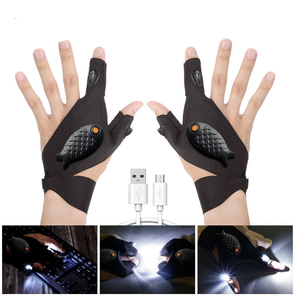 1 Pair Night Light Waterproof Fishing Gloves with LED Flashlight Rescue Tools Outdoor Gear Cycling Practical Durable Fingerless Rswank