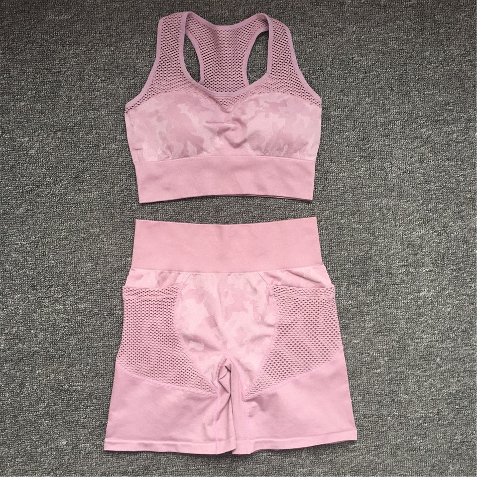 2PCS Camouflage Set Women Yoga Suit Sport Set Gym Workout Clothes Long Sleeve Fitness Crop Top High Waist Seamless Rswank
