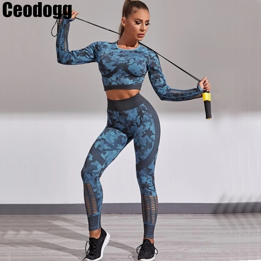 2PCS Camouflage Set Women Yoga Suit Sport Set Gym Workout Clothes Long Sleeve Fitness Crop Top High Waist Seamless Rswank