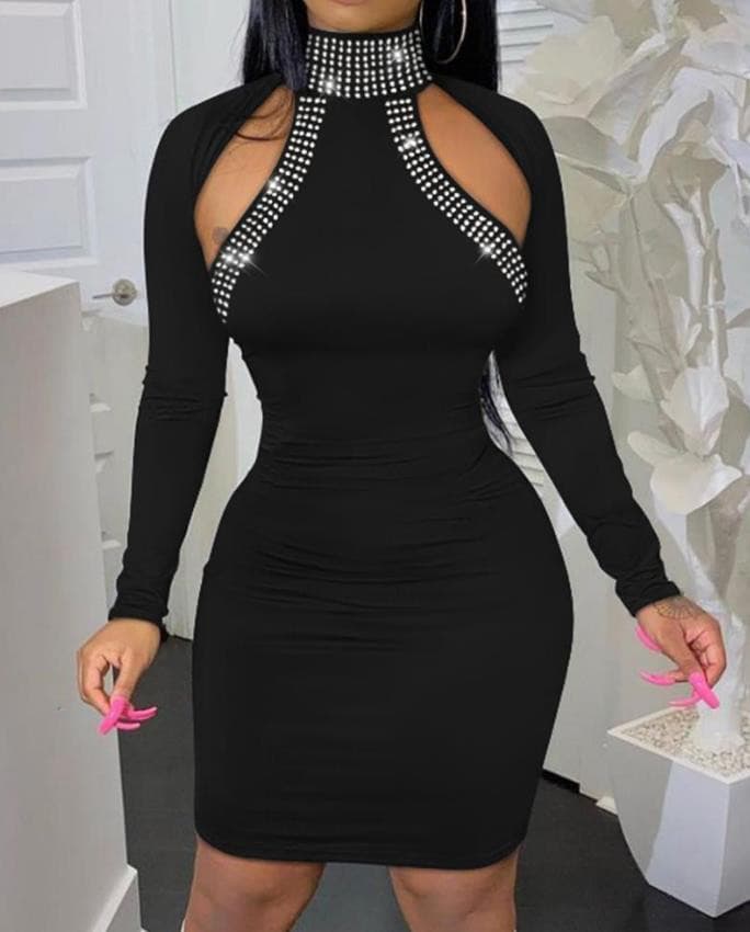 Dresses for Women Black 2023 Fashion Rhinestone Decor Sexy Rswank