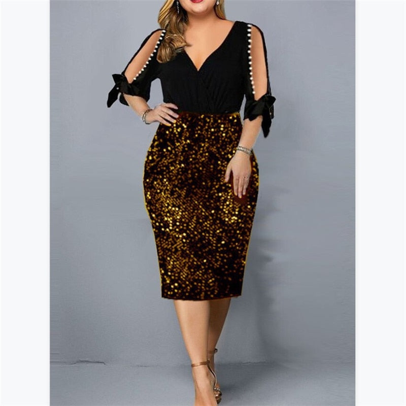 Party Summer Pencil Dress for Women Hollow Out Design Bead Bandage Sequins Decor Rswank