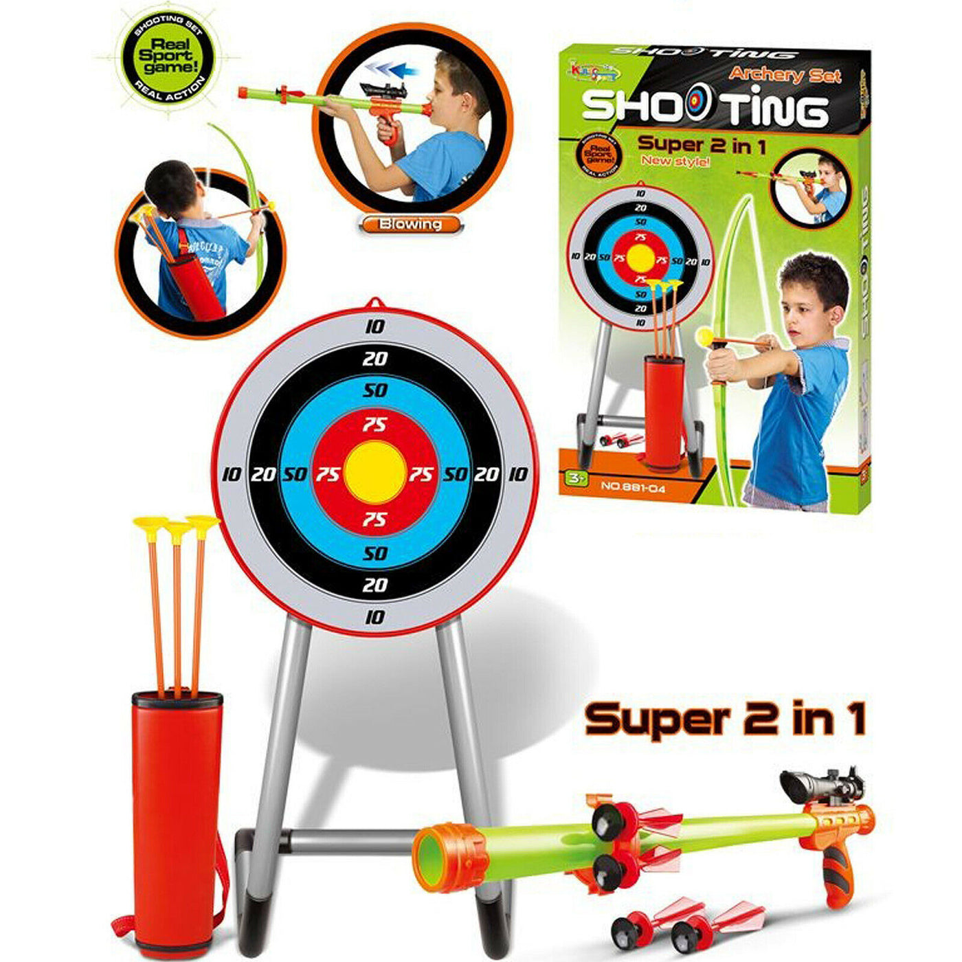 New Kingsport Large 2 in 1 Archery Set Kids Suction Arrows Target 90cm Stand