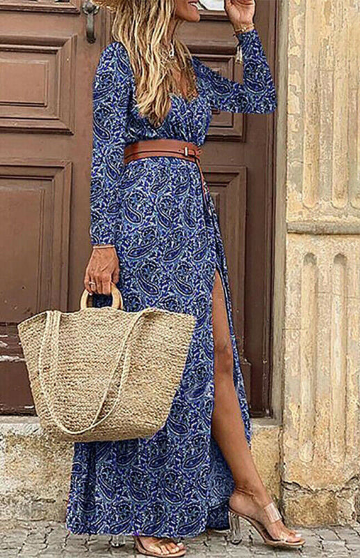 Ladies V-Neck Long Sleeve Printed Long Dress