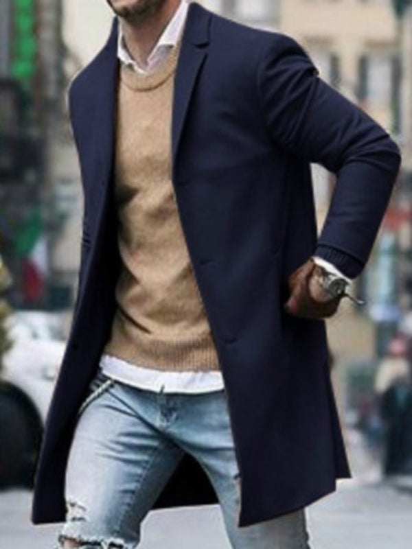 Men's Lapel Mid Length Woolen Coat Slim Fit Large Size Single Breasted Trench Coat kakaclo