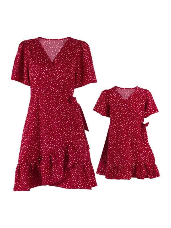 Women's Polka Dot Print V-Neck Short Sleeve Wrap Dress Mother And Daughter Dress