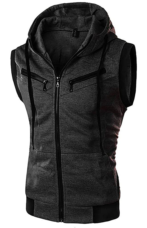 Men's Hooded Sleeveless Vest Solid Color Casual Slim Vest kakaclo