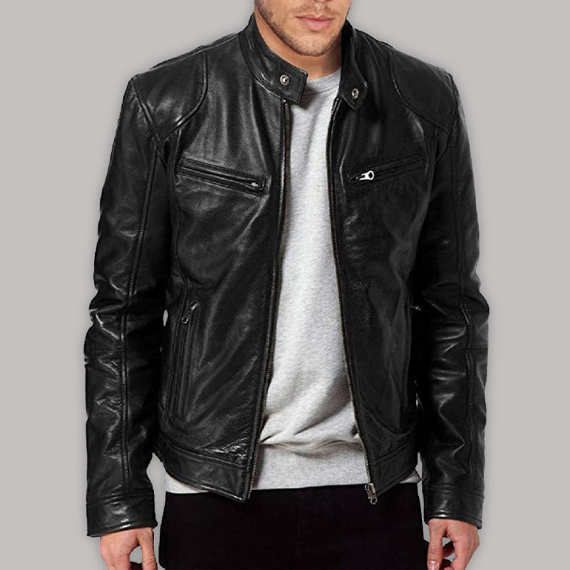 Men's Thermal PU Leather Stand Collar Slim Pocket Jacket kakaclo