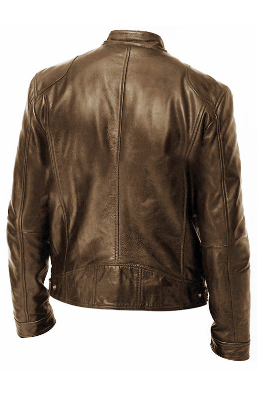 Men's Thermal PU Leather Stand Collar Slim Pocket Jacket kakaclo