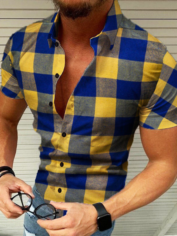 The new European and American men's plaid casual lapel short-sleeved shirt kakaclo