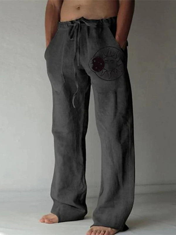 Men's Woven Cotton Linen Loose Casual Printed Drawstring Trousers kakaclo
