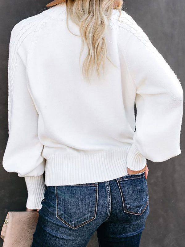 Ladies Mid Collar Loose Long Sleeve Twist Solid Color Sweater kakaclo