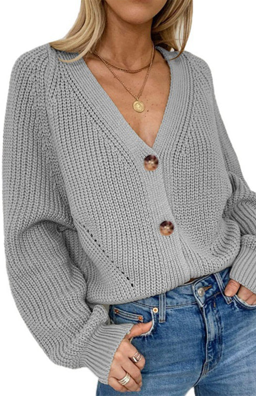 Solid V-Neck Lantern Sleeve Button Knit Cardigan kakaclo