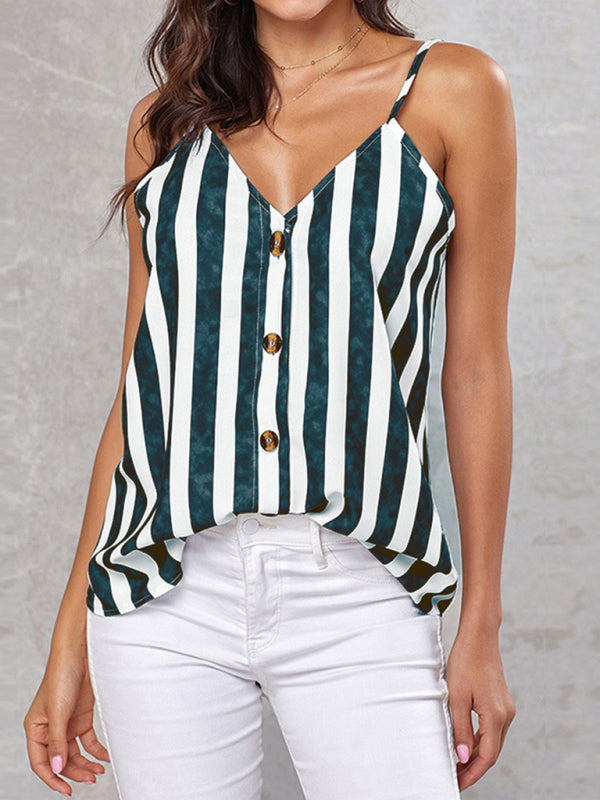 Women's Striped V-Neck Single Breasted Casual Camisole Top