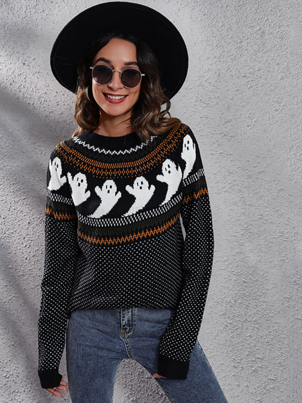 Women's Halloween Ghost retro wave point long sleeve knitted sweater kakaclo