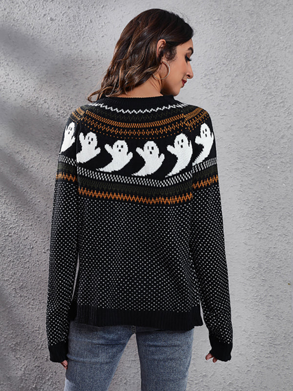 Women's Halloween Ghost retro wave point long sleeve knitted sweater kakaclo