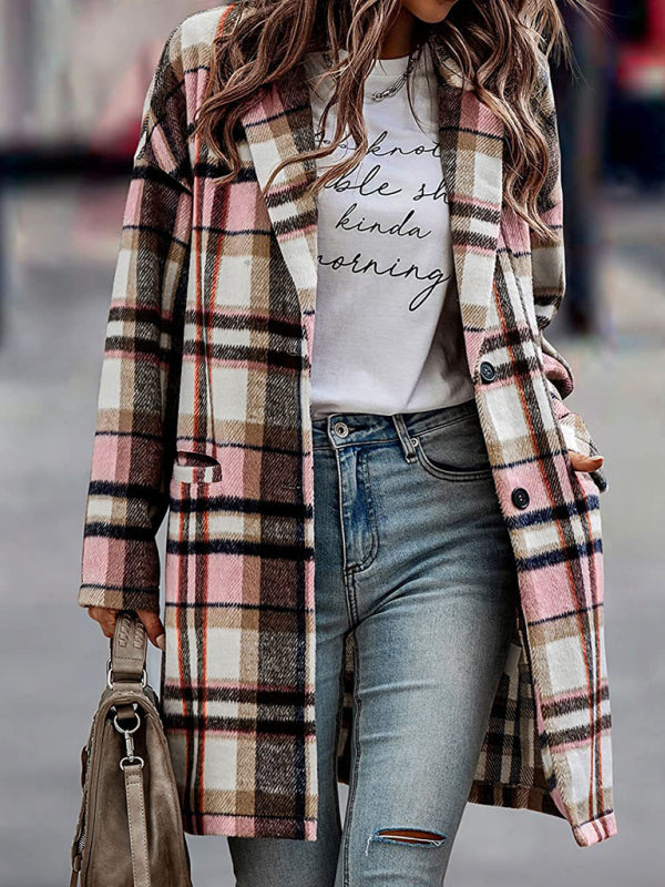 Women’s Button Front Long Sleeve Plaid Print Detail Long Blazer Coat kakaclo