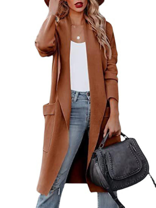 Women’s Casual Overcoat With Large Front Pockets And Folded Collar kakaclo