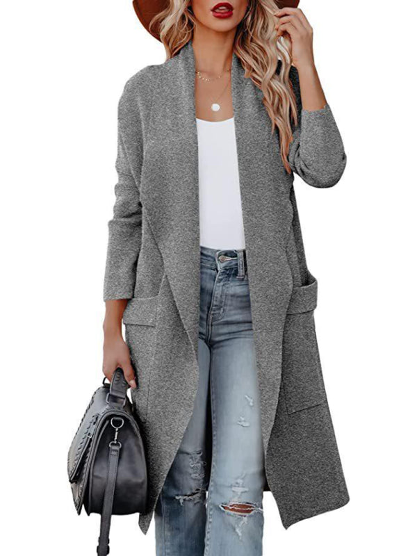Women’s Casual Overcoat With Large Front Pockets And Folded Collar kakaclo