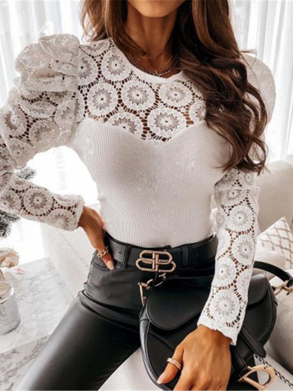 Women's Solid Color Long Sleeve Lace Panel Knit Top kakaclo