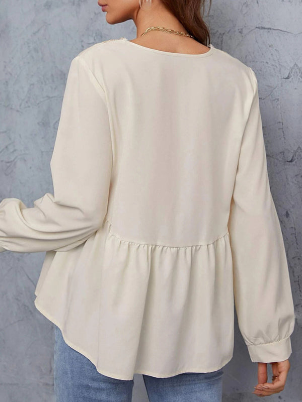 Women's Solid Color Lace Elegant Long Sleeve Shirt kakaclo