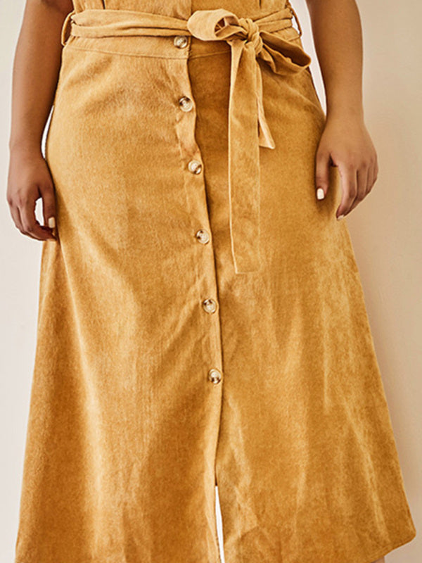 Women's Solid Color Plus Size High Waist Corduroy Belted Midi Skirt kakaclo