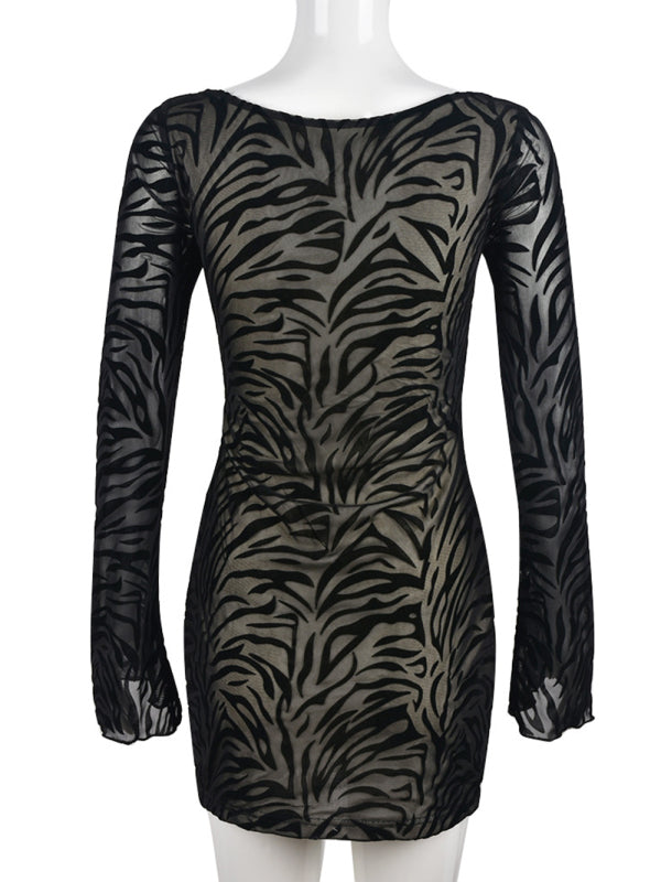 Women's Solid Color Cutout Zebra Print Flocked Mesh Long Sleeve Sheath Midi Dress