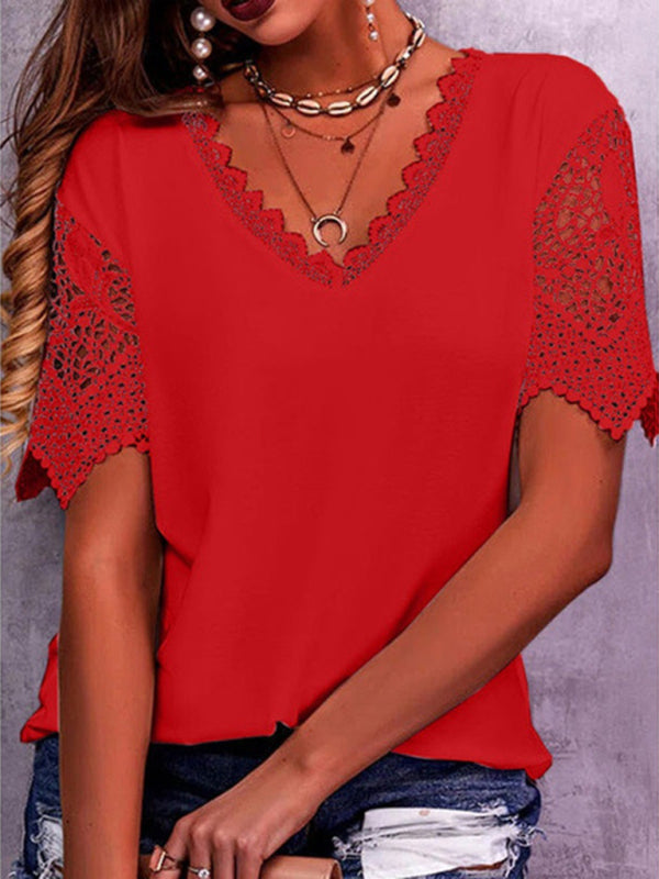 Women's Lace Trim Stitching Loose V Neck Short Sleeve Top