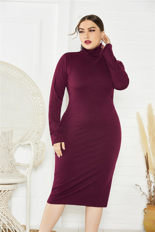 Women's Plus Size Solid Color Knit Turtleneck Long Sleeve Dress kakaclo